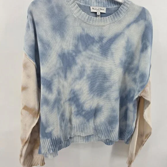 Michael Stars Blue Tan Tie Dye Cotton Sweater – Size M Colorblock Crop Pullover - Picture 3 of 8